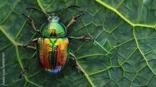 Generate an image of a green iridescent beetle on a leaf