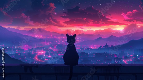 black cats sits on the balcony, gazing at city lights.