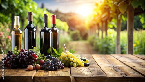 bottles of wine and grapes on bluured italian background