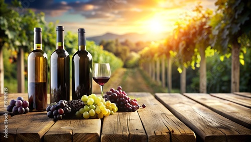 bottles and glass of wine and grapes on blurred vineyard background