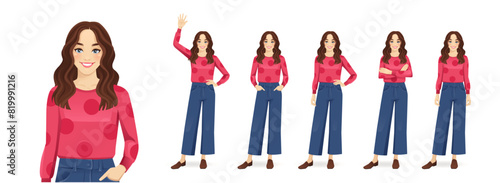 Young beautiful woman with curly hair standing in different poses. Isolated vector illustration set.