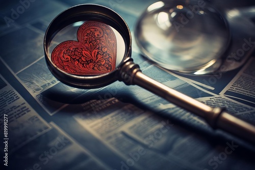 A closeup of a magnifying glass focused on a heart shape