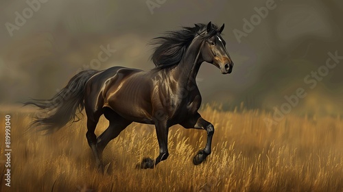 A painting of a palomino horse with long white mane galloping on a background of swirling gold.