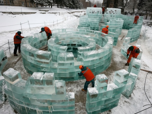 A group of men are working on a large ice sculpture. Scene is one of hard work and dedication, as the men are putting in a lot of effort to create the sculpture