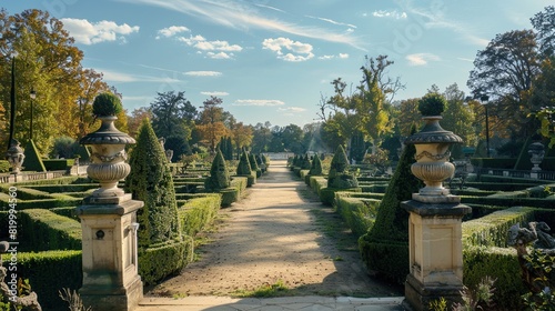 A wide, tree-lined path with manicured hedges and topiaries, with a blue sky and white clouds in the background.