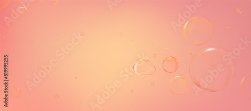 Colorful water drops bokeh,Macro oil droplet surface in orange,yellow color background.Clear Gel air bubbles,Vector Drops of cosmetic serum,Element Collagen Glycerin for Skin product background