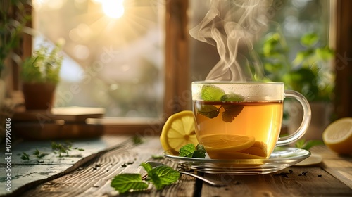 Herbal tea with lemon and mint rustic wooden table