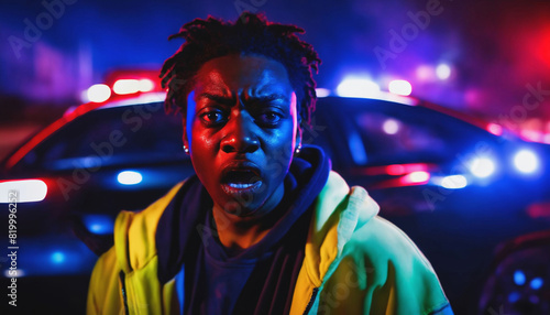 photo of portrait close up view of criminal suspect in crime scene standing in front of police car at night and red blue light, generative AI