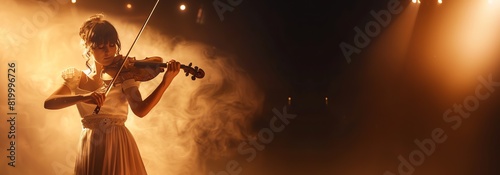 An banner illustration of a young girl in a smokey haze, with beams of stage lights, playing the violin, copy space for text