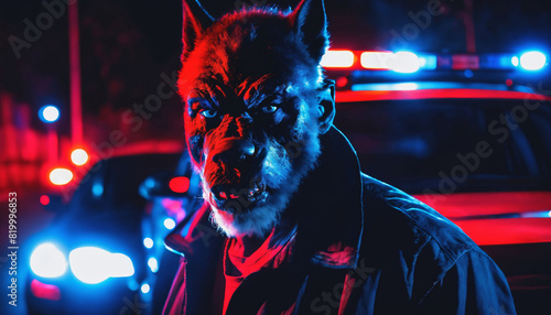 photo of criminal suspect werewolf lycanthrope in crime scene standing in front of police car at night and red blue light, generative AI