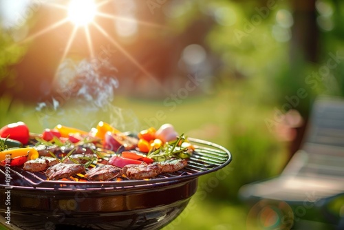 A grill is filled with meat and vegetables, and the sun is shining on it