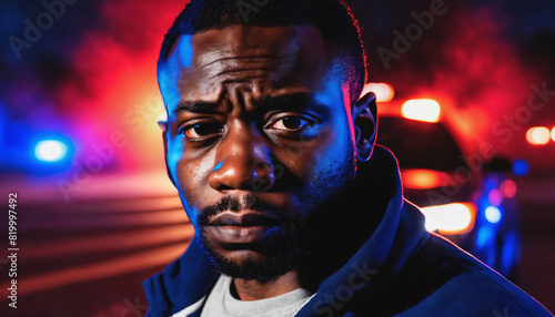 photo of portrait close up view of criminal suspect in crime scene standing in front of police car at night and red blue light, generative AI