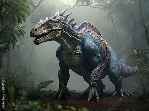 A 3D rendering of a gigantic Tyrannosaurus Rex, a prehistoric carnivore from the Cretaceous period