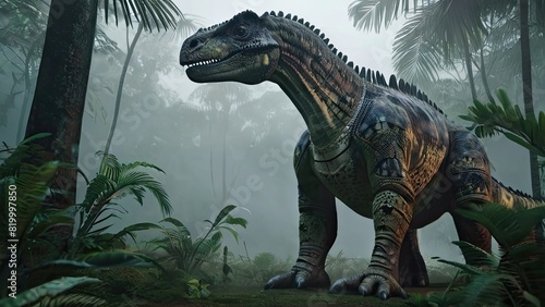 A 3D rendering of a gigantic Tyrannosaurus Rex, a prehistoric carnivore from the Cretaceous period