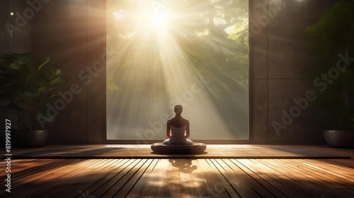 A person meditating in a serene, sunlit room