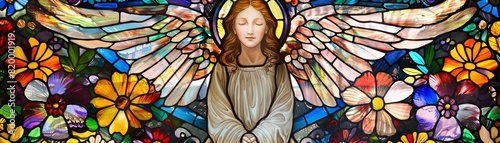 The joyful expression of an angel surrounded by colorful flowers in a stained glass masterpiece