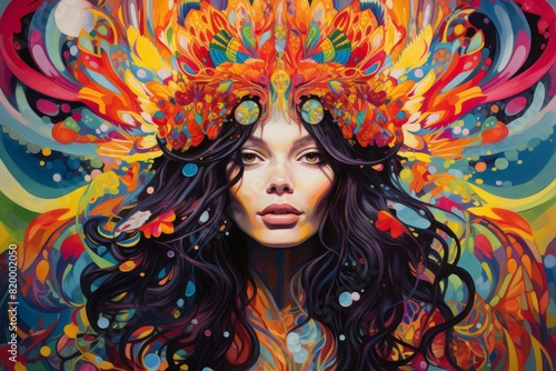 A vivid, colorful portrait of a woman surrounded by psychedelic patterns