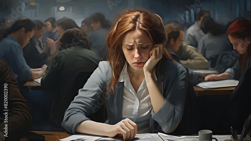 A woman distressed or concentrating hard in a work environment