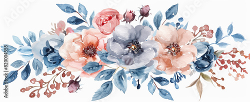 Hermoso fondo de acuarela con arreglo floral formando una cenefa horizontal en tonos suaves pastel, azul, rosa, rojo y beige, sobre fondo blanco de papel o lienzo