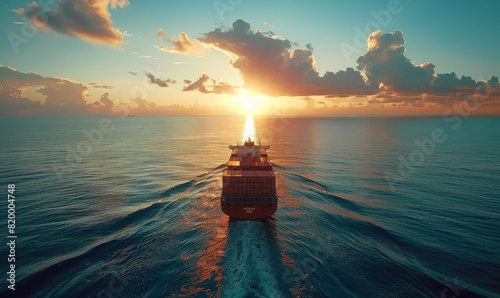 aerial view ultra large container vessel at sea. box ship spelled containers hip on a beautiful ocean with lot of containers. sunset or twilight on the background.