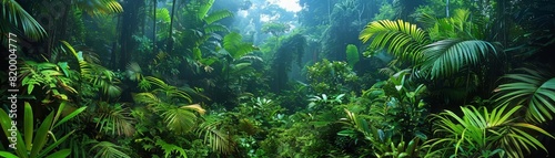 A dense, vibrant rainforest with diverse flora and fauna, highlighting biodiversity