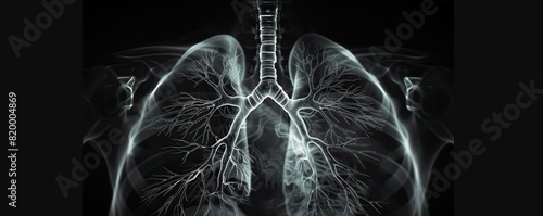 A clinical Xray image of the lungs, emphasizing the bronchi structure in black and white, with clear bone and ligament alignment for thorough diagnosis