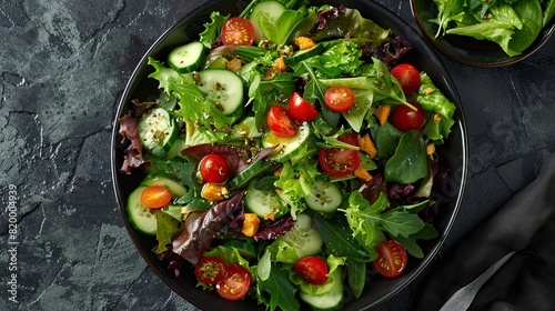 A salad bowl with mixed greens, cherry tomatoes, cucumber, avocado, and feta cheese.