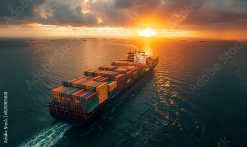 aerial view ultra large container vessel at sea. box ship spelled containers hip on a beautiful ocean with lot of containers. sunset or twilight on the background.