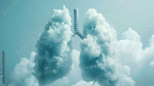 World lung day or lung healthy concept with lungs as clouds in fresh air, white background, Artistic representation of human lungs formed from white fluffy clouds against a blue background