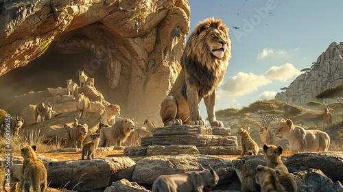 A lion is standing on a platform in front of a large crowd of meerkats.