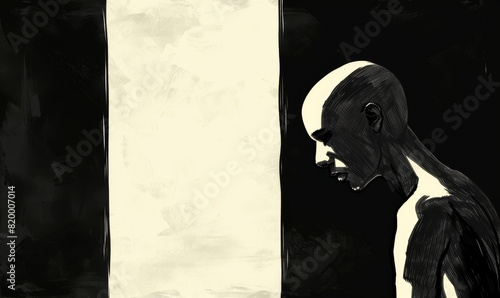 Black and white illustration of a blonde bald man looking out from behind an open door in the shadows