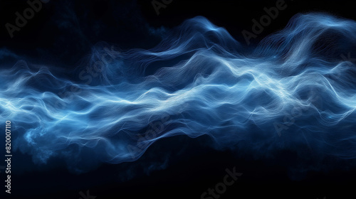 Digital generated image of blue glowing fiber splines making turbulence patterns on black background. 