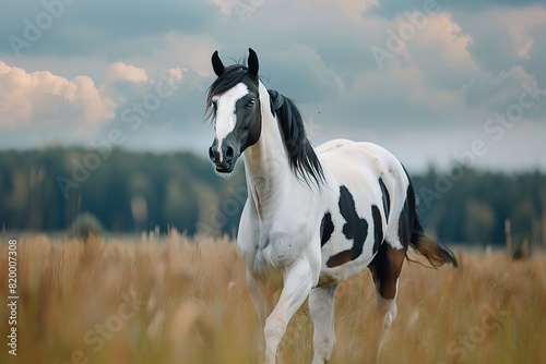 A white and black warmblood horse with blue eyes, in the pasture, full body, running