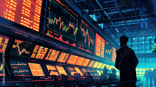 Illustration of an epic trading room with stock market data on screens, featuring a lone businessman observing the charts