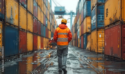 worker wearing safety kit walking, cargo shipping containers in the aisle, in the outdoor port.