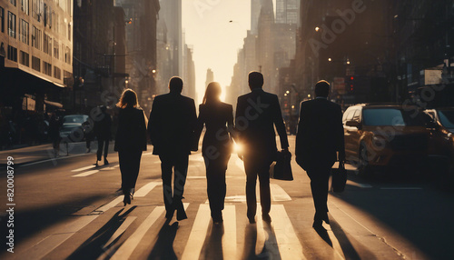 silhouette of business people walking in new york, golden hour 