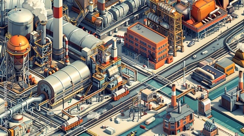 Isometric illustration of an industrial zone with factories, warehouses, and pipelines.