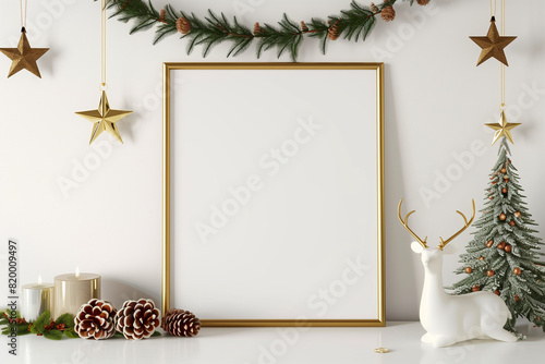 Square christmas poster mockup with golden frame pine cone star garland and deer on white wall background. 3D rendering illustration.