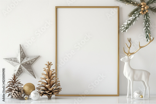 Square christmas poster mockup with golden frame pine cone star garland and deer on white wall background. 3D rendering illustration.