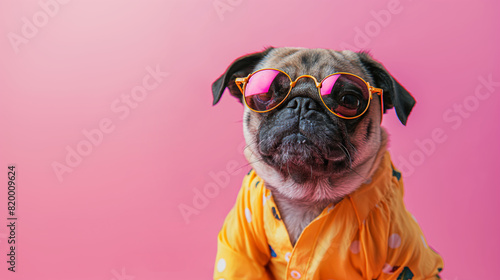 Funny and creative portrait of a pug dog posing in front of a solid pink background, dressed in a Hawaiian shirt and sunglasses, ready for a wild beach party