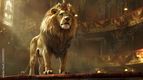 A lion wearing a golden crown.