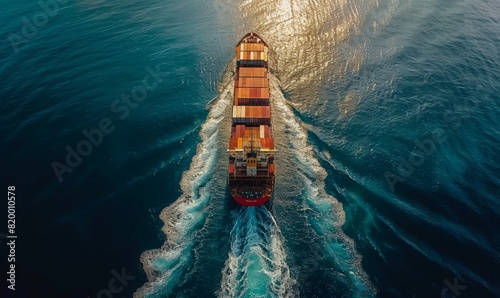 aerial view ultra large container vessel at sea. box ship spelled containers hip on a beautiful ocean with lot of containers.