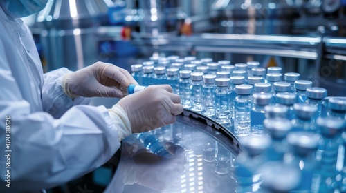 In a pharmaceutical lab, technicians work with vials on an assembly line equipped with protective gear, demonstrating skills in medicine production, hygiene, and precision in lab tasks