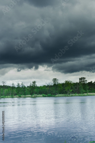Leśne jezioro w pochmurny deszczowy dzień. Brzegi porasta zielona trawa i liściaste drzewa. Niebo zakryte jest ciemnymi chmurami odbijającymi się w tafli jeziora.