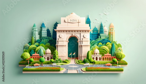 India Gate, Delhi India in papercraft-themed illustration diorama