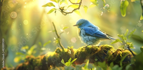 A beautiful bluebird with its wings spread gracefully perched on the edge of a moss-covered branch in an enchanted forest glade