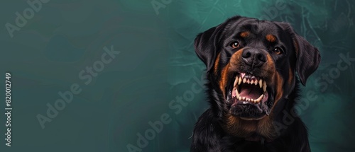 Angry Rottweiler with bared teeth on a dark green background with copy space,