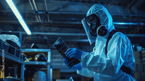 Professional bomb technician in protective suit examining a suspicious package with x-ray equipment, indoors with a controlled environment,