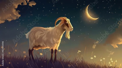 A serene Eid ul Adha night landscape featuring a solitary goat standing on a lush, grassy field under a large, golden full moon. 