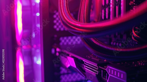 This is the inside of a desktop computer case. There are several multi-colored LED cooling fans and a graphics card with a pink LED light.